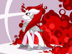 Size: 1024x768 | Tagged: safe, artist:marly-kaxon, oc, oc only, oc:crimson lance, pony, unicorn, armor, curved horn, female, floppy ears, horn, mare, solo