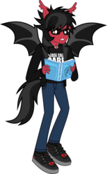 Size: 1375x2231 | Tagged: safe, artist:lightningbolt, derpibooru exclusive, bat pony, siren, equestria girls, g4, .svg available, angry, bat wings, book, clandestine industries, clothes, ear fluff, equestria girls-ified, fall out boy, fangs, flying, full body, glasses, glowing, holding, jacket, jeans, jewelry, male, necklace, open mouth, pants, pete wentz, ponied up, pony ears, reading, shirt, shoes, show accurate, simple background, solo, svg, tailed humanization, transparent background, undershirt, vector, wings