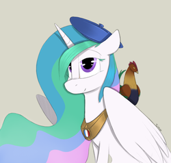 Size: 1000x950 | Tagged: safe, artist:sinrar, princess celestia, alicorn, bird, pony, g4, beret, female, french, hat, rooster, simple background, solo