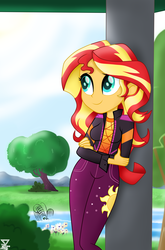 Size: 3700x5600 | Tagged: safe, artist:theretroart88, sunset shimmer, equestria girls, equestria girls series, festival filters, g4, spoiler:eqg series (season 2), absurd resolution, clothes, crossed arms, cute, cutie mark on clothes, female, pants, sexy, smiling, solo
