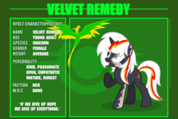 Size: 6000x4000 | Tagged: safe, artist:estories, oc, oc only, oc:pyrelight, oc:velvet remedy, balefire phoenix, bird, phoenix, pony, unicorn, fallout equestria, g4, blind, blind eye, character profile, cute, duo, fallout, female, green background, happy, injured, mare, open mouth, raised hoof, revenant — fallout equestria 2, scar, simple background, stable-tec, text, vector