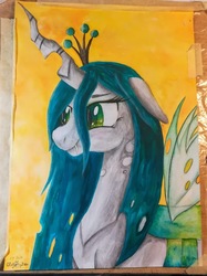 Size: 631x843 | Tagged: safe, artist:glitteringdew, queen chrysalis, changeling, changeling queen, g4, czech republic, female, mare, paper, solo, traditional art, watercolor painting