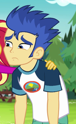 Size: 404x661 | Tagged: safe, screencap, flash sentry, sunset shimmer, equestria girls, g4, my little pony equestria girls: legend of everfree, arm around neck, arms, camp everfree logo, camp everfree outfits, clothes, cropped, hand on shoulder, male, offscreen character, solo focus