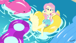Size: 1918x1080 | Tagged: safe, artist:dragonedit, edit, edited screencap, screencap, fluttershy, equestria girls, g4, i'm on a yacht, my little pony equestria girls: better together, barefoot, bedroom eyes, blinking, clothes, eyeshadow, feet, female, flutterfeet, foot focus, geode of fauna, lidded eyes, magical geodes, makeup, pool toy, sexy, shorts, soles, solo, swimming pool, toenails, wiggling toes, wingding eyes