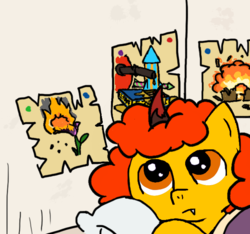 Size: 640x600 | Tagged: safe, artist:ficficponyfic, artist:trefoiler, color edit, edit, oc, oc:pipadeaxkor, demon, demon pony, original species, colt quest, blanket, colored, curved horn, explosion, female, filly, fire, fireworks, flower, gasoline, horn, matches, pillow, pyromaniac
