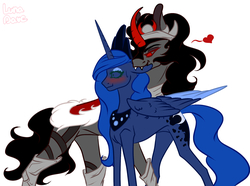 Size: 2117x1578 | Tagged: safe, artist:luna dave, king sombra, princess luna, pony, g4, biting, blushing, concave belly, ear bite, female, jewelry, male, mare, nibbling, red eyes, regalia, ship:lumbra, shipping, simple background, slender, stallion, straight, thin, white background