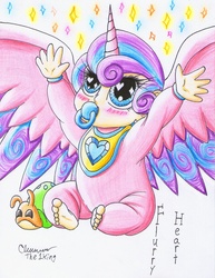 Size: 1266x1640 | Tagged: safe, artist:the1king, princess flurry heart, whammy, alicorn, human, g4, baby, barefoot, bib, blushing, cute, feet, female, flurrybetes, horn, horned humanization, humanized, onesie, pacifier, plushie, solo, winged humanization, wings