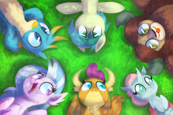 Size: 1500x1000 | Tagged: safe, artist:talonsofwater, gallus, ocellus, sandbar, silverstream, smolder, yona, changedling, changeling, classical hippogriff, dragon, earth pony, griffon, hippogriff, pony, yak, season 8, :3, :p, aside glance, colored pupils, cross-eyed, cute, dappled sunlight, diaocelles, diastreamies, dragoness, featured image, female, gallabetes, grass, hooves to the chest, looking up, lying down, male, on back, open mouth, park, sandabetes, smiling, smolderbetes, stallion, student six, tongue out, yonadorable