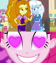Size: 1024x1140 | Tagged: safe, edit, edited screencap, screencap, adagio dazzle, pinkie pie, sweetie belle, trixie, coinky-dink world, equestria girls, g4, my little pony equestria girls: rainbow rocks, my little pony equestria girls: summertime shorts, female, heart eyes, lesbian, meme, pinkie's eyes, shipping, triagio, wingding eyes