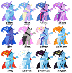 Size: 1260x1290 | Tagged: safe, artist:smhungary, jasmine tea, minuette, octavia melody, princess luna, starlight glimmer, trixie, twilight sparkle, pony, g4, bella trixie, discworld, hallowmoon, palette swap, recolor, rincewind, rinxie, swamp witch, white witch