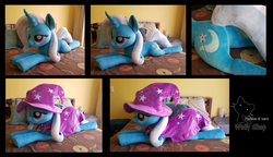 Size: 10821x6223 | Tagged: safe, artist:wollyshop, trixie, pony, g4, bed, butt, cape, clothes, female, hat, irl, photo, plot, plushie, trixie's cape, trixie's hat