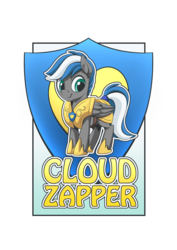 Size: 1280x1811 | Tagged: safe, artist:mysticalpha, oc, oc only, oc:cloud zapper, pegasus, pony, armor, armored pony, badge, convention badge, guard armor, male, royal guard, solo, stallion, text