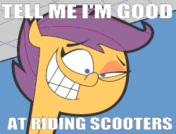 Size: 664x504 | Tagged: safe, editor:undeadponysoldier, scootaloo, pegasus, pony, g4, animated, creepy, dimmsdale elementary, eye twitch, female, filly, funny, just the two of us, meme, tell me i'm pretty, text, the fairly oddparents, trixie tang
