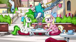 Size: 1280x720 | Tagged: safe, artist:mysticalpha, oc, oc only, oc:bay breeze, oc:cloud zapper, oc:minty root, pegasus, pony, unicorn, baypper, cafe, cake, canterlot, female, food, male, mare, stallion