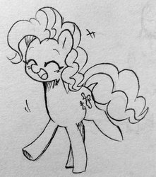 Size: 1398x1581 | Tagged: safe, artist:ch-chau, pinkie pie, earth pony, pony, g4, eyes closed, female, mare, monochrome, open mouth, sketch, smiling, solo, traditional art