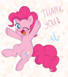 Size: 1062x1200 | Tagged: safe, artist:ch-chau, pinkie pie, earth pony, pony, g4, blushing, cute, diapinkes, female, followers, jumping, mare, one eye closed, open mouth, solo, text, thank you