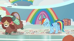 Size: 1280x720 | Tagged: safe, screencap, rainbow dash, yona, pegasus, pony, yak, g4, she's all yak, bow, cloven hooves, dance lesson, dancing, eyes closed, female, hair bow, mare, monkey swings