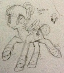 Size: 569x645 | Tagged: safe, artist:laceymod, oc, oc only, oc:twinkle toes, pegasus, pony, female, mare, monochrome, sketch, solo, traditional art