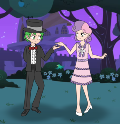 Size: 1620x1676 | Tagged: safe, artist:banquo0, spike, sweetie belle, human, a canterlot wedding, g4, clothes, dress, female, flower girl, flower girl dress, full body, hat, human spike, humanized, male, marriage, request, ship:spikebelle, shipping, straight, suit, top hat, tuxedo, waltz, wedding