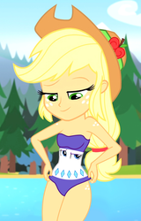 Size: 1004x1572 | Tagged: safe, artist:draymanor57, derpibooru exclusive, edit, edited screencap, screencap, applejack, rarity, human, equestria girls, g4, my little pony equestria girls: legend of everfree, bare shoulders, breasts, clothes, clothing transformation, cropped, female, inanimate tf, legs together, sleeveless, smiling, story in the comments, strapless, swimsuit edit, transformation
