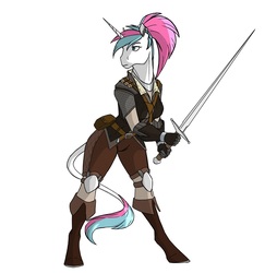 Size: 1263x1300 | Tagged: safe, artist:akweer, oc, oc only, oc:diamond mind, unicorn, anthro, unguligrade anthro, anthro oc, boots, clothes, commission, female, gloves, leonine tail, mare, shoes, simple background, solo, sword, weapon, white background