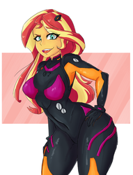 Size: 2527x3302 | Tagged: safe, artist:iyoungsavage, sunset shimmer, equestria girls, g4, breasts, busty sunset shimmer, female, high res, neon genesis evangelion, plugsuit, smiling, solo