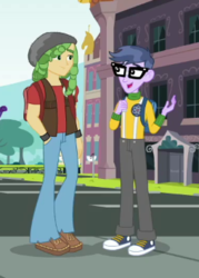 Size: 254x354 | Tagged: safe, screencap, micro chips, sandalwood, equestria girls, fomo, g4, my little pony equestria girls: better together, backpack, canterlot high, clothes, converse, cropped, glasses, hand in pocket, male, pants, shoes
