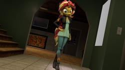 Size: 4270x2402 | Tagged: safe, artist:fazbearsparkle, sunset shimmer, anthro, equestria girls, g4, 3d, hand on hip, looking at you, smiling, smirk, source filmmaker