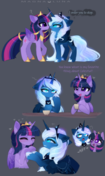 Size: 2658x4417 | Tagged: safe, artist:magnaluna, princess luna, twilight sparkle, alicorn, pony, g4, alternate universe, blushing, clothes, crown, cute, duo, duo female, eyes closed, female, heart, heart eyes, implied lesbian, implied shipping, implied twilestia, jewelry, luna is not amused, lunabetes, regalia, shoes, starry eyes, twiabetes, twilight sparkle (alicorn), unamused, white-haired luna, wingding eyes