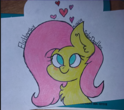 Size: 706x626 | Tagged: safe, artist:solardoodles, fluttershy, pony, g4, blushing, chest fluff, colored sketch, heart, no pupils, signature, smiling