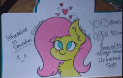 Size: 711x452 | Tagged: safe, artist:solardoodles, fluttershy, pony, g4, blushing, chest fluff, colored sketch, commission, heart, information, no pupils, signature, smiling, your character here