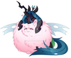 Size: 900x734 | Tagged: safe, artist:scarlet-spectrum, queen chrysalis, oc, oc:fluffle puff, g4, blushing, cuddling, cute, cutealis, deviantart watermark, duo, eyes closed, heart, obtrusive watermark, ocbetes, simple background, smiling, speedpaint available, transparent background, watermark