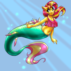 Size: 2436x2436 | Tagged: safe, artist:faline-art, sunset shimmer, mermaid, anthro, equestria girls, g4, belly button, bubble, crepuscular rays, dorsal fin, female, fin, fins, fish tail, flowing tail, high res, mermaidized, midriff, not fiery shimmer, ocean, scales, smiling, solo, species swap, sunlight, swimming, tail, underwater, water