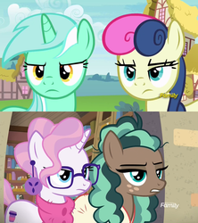 Size: 1920x2160 | Tagged: safe, screencap, bon bon, lyra heartstrings, minty mocha, raspberry latte, sweetie drops, earth pony, pony, unicorn, g4, the parent map, triple threat, bon bon is not amused, comparison, counterparts, discovery family logo, doppelganger, duo, looking at each other, lyra is not amused, mind blown, ponyville, sire's hollow, unamused, what the hay?, wtf