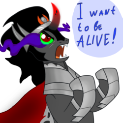 Size: 1000x1000 | Tagged: safe, king sombra, pony, unicorn, g4, armor, cape, clothes, colored horn, crown, curved horn, denied, dialogue, horn, jewelry, male, regalia, simple background, solo, sombra eyes, sombra horn, stallion, white background