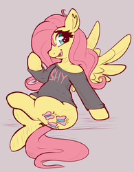 Size: 1425x1827 | Tagged: safe, artist:graphene, fluttershy, pegasus, pony, bottomless, clothes, cute, female, hair over one eye, long sleeved shirt, looking at you, mare, open mouth, partial nudity, raised hoof, shyabetes, sitting, smiling, solo, spread wings, wings