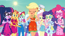 Size: 1920x1080 | Tagged: safe, screencap, applejack, bulk biceps, fluttershy, pinkie pie, rainbow dash, rarity, sci-twi, sunset shimmer, trixie, twilight sparkle, equestria girls, g4, i'm on a yacht, my little pony equestria girls: better together, baseball cap, cap, clothes, dress, female, geode of empathy, geode of fauna, geode of shielding, geode of sugar bombs, geode of super speed, geode of super strength, glasses, hat, heart shaped glasses, humane five, humane seven, humane six, magical geodes, male, midriff, ponytail, sailor, sailor hat, sarong, sleeveless, sun, sunburn, sunglasses, swimsuit