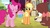 Size: 1280x720 | Tagged: safe, screencap, applejack, pinkie pie, yona, earth pony, pony, yak, g4, she's all yak, all new, bow, bucket, discovery family logo, eyes closed, female, hair bow, mane hold, mare, my little pony logo, text