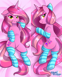 Size: 2832x3501 | Tagged: safe, artist:xwhitedreamsx, oc, oc only, oc:candy heart, pony, unicorn, bedroom eyes, body pillow, body pillow design, butt, clothes, commission, female, high res, mare, plot, smiling, socks, solo, stockings, striped socks, tail, tail aside, thigh highs