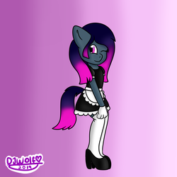 Size: 800x800 | Tagged: safe, artist:djwolf, oc, oc only, oc:sparkbat, bat pony, anthro, clothes, cute, dress, gloves, hand behind back, high heels, maid, moe, ocbetes, one eye closed, shoes, skirt, socks, solo, stockings, thigh highs, wink