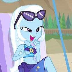 Size: 320x320 | Tagged: safe, screencap, trixie, equestria girls, equestria girls series, forgotten friendship, g4, beach chair, belly button, chair, clothes, cropped, cute, diatrixes, laughing, midriff, sunglasses, swimsuit