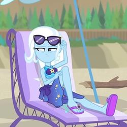Size: 320x320 | Tagged: safe, trixie, equestria girls, equestria girls series, forgotten friendship, g4, beach chair, chair, clothes, flip-flops, sandals, solo, sunglasses, swimsuit