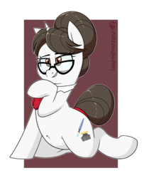 Size: 2100x2500 | Tagged: safe, artist:notenoughapples, raven, pony, unicorn, g4, belly button, clothes, female, glasses, hair bun, high res, mare, raised hoof, simple background, smiling, solo