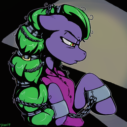 Size: 2000x2000 | Tagged: safe, artist:skoon, mane-iac, pony, g4, bondage, chains, clothes, cuffs, female, hair chain, high res, prison outfit, prisoner, shackles, solo, unsexy bondage
