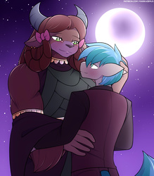 Size: 1750x2000 | Tagged: safe, artist:marik azemus34, sandbar, yona, earth pony, yak, anthro, g4, she's all yak, amazon, amazonian, bedroom eyes, blushing, clothes, cute, dancing, dress, duo, female, full moon, holding each other, interspecies, larger female, looking at each other, male, moon, muscles, muscular female, night, sandabetes, scythian, ship:yonabar, shipping, size difference, smaller male, smiling, stars, straight, suit, yonadorable, yonathletic