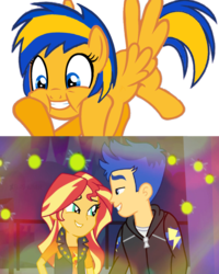 Size: 1212x1515 | Tagged: safe, artist:mlpfan3991, flash sentry, sunset shimmer, oc, oc:flare spark, equestria girls, equestria girls series, g4, background pony meltdown in the comments, female, flare spark is best facemaker, graveyard of comments, male, reaction, ship:flashimmer, shipping, shipping war in the comments, straight