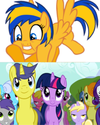 Size: 1212x1515 | Tagged: safe, artist:mlpfan3991, edit, edited screencap, screencap, cherry berry, comet tail, dinky hooves, linky, pokey pierce, rarity, shoeshine, tornado bolt, twilight sparkle, oc, oc:flare spark, pony, g4, the last roundup, female, flare spark is best facemaker, male, ponies standing next to each other, reaction, ship:cometlight, shipping, straight, sunshine hearts