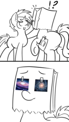 Size: 850x1500 | Tagged: safe, artist:thecoldsbarn, oc, oc:cold dream, oc:paper bag, pony, black and white, comic, funny, galaxy, grayscale, monochrome, paper bag, starry eyes, stars, tape