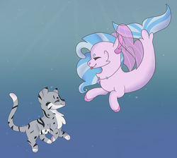 Size: 1024x918 | Tagged: safe, artist:lazyy-llama, silverstream, cat, seapony (g4), g4, :p, beanbrows, cheek fluff, chest fluff, crossover, cute, diastreamies, duo, duo female, eyebrows, eyes closed, female, namesake, profile, seapony silverstream, silverstream (warriors), tongue out, underwater, warrior cats