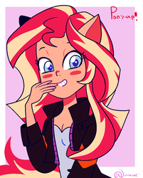 Size: 935x1165 | Tagged: safe, artist:1racat, sunset shimmer, equestria girls, g4, abstract background, blush sticker, blushing, bust, colored pupils, cute, female, ponied up, shimmerbetes, smiling, solo